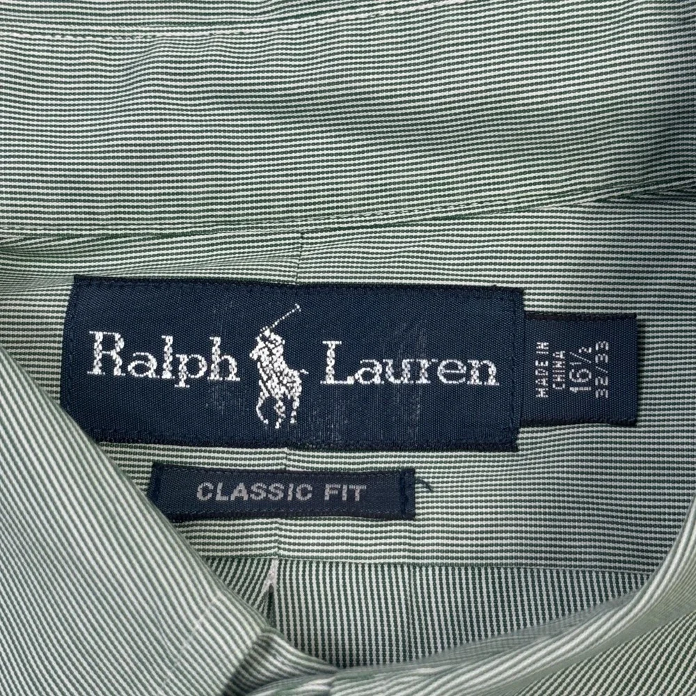 Ralph Lauren Button-Down Dress Shirt Mens 16.5 32/33 Green Striped Classic Fit